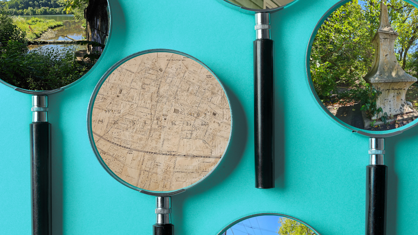 Magnifying glasses highlighting Sewickley history. Old maps, monuments, and river views, symbolizing research and hidden stories.